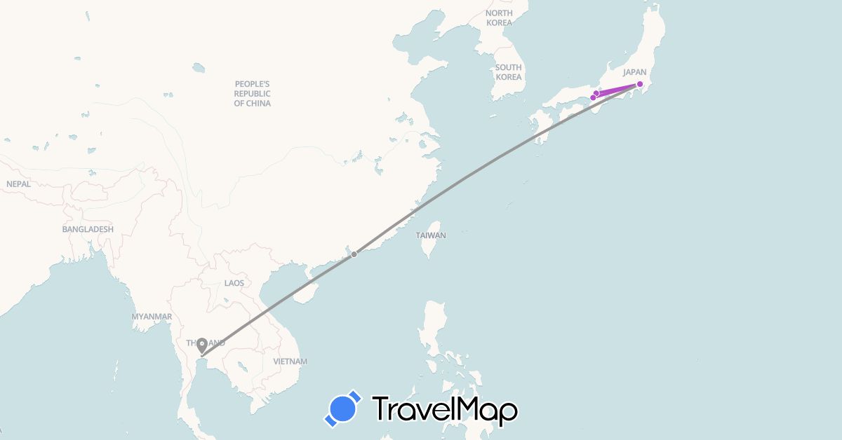TravelMap itinerary: driving, plane, train in Hong Kong, Japan, Thailand (Asia)
